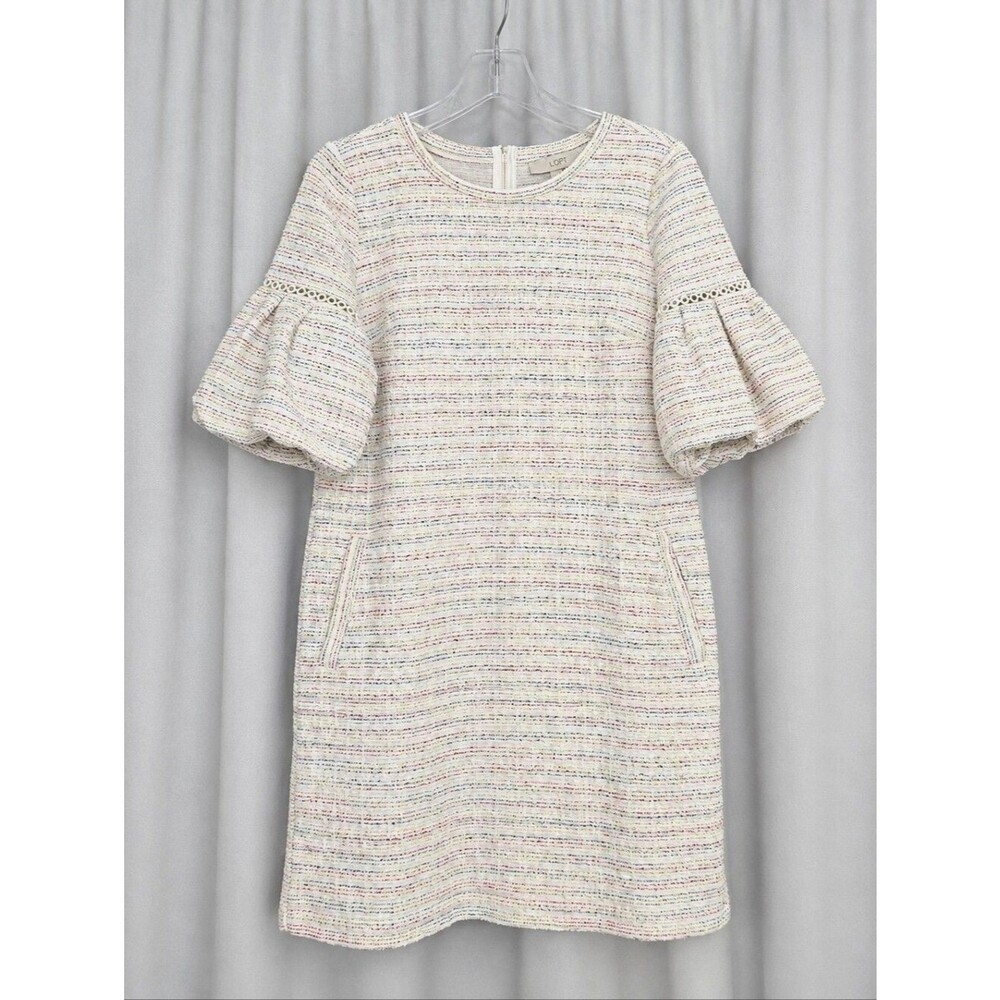 LOFT Multicolor Confetti Textured Tweed Elbow Puff Sleeves Shift Dress Pockets